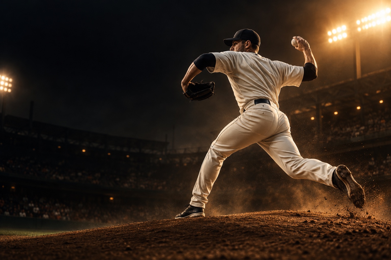 A baseball pitcher in mid-delivery under the stadium lights
